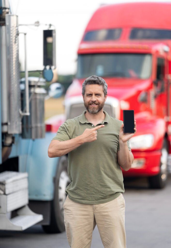 tracking delivery. truck driver. trucking owner planning route. tech logistics. hispanic man control truck. man owner truck driver. delivery app. man driver use phone at lorry truck